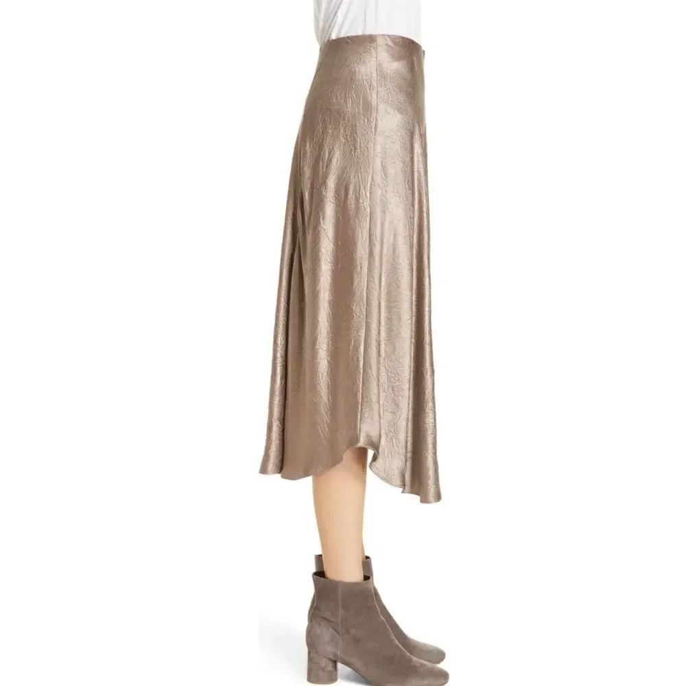 NWT Vince. Asymmetrical Crinkled Satin Skirt Taupe Size Large - Picture 3 of 12